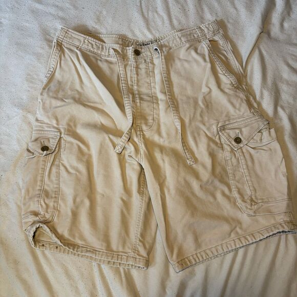 Abercrombie Fitch Mens Cargo Shorts 34 Drawstring Heavy Button Fly Khaki Y2K Tan - Picture 1 of 5